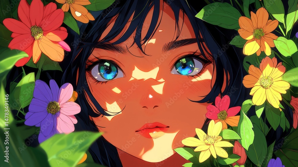 Enchanting Garden Portrait: An alluring digital art depicts a young lady immersed within a vibrant array of colorful blooms and foliage, her gaze drawing viewers into this captivating. Enchanting Garden Portrait: An alluring digital art depicts a young lady immersed within a vibrant array of colorful blooms and foliage, her gaze drawing viewers into this captivating.