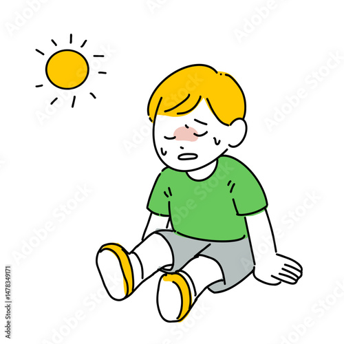 熱中症で座り込む男の子