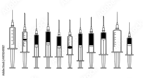 Healthcare Essentials: A Collection of syringes filled with liquids, meticulously arranged, ready for medical applications. This shot presents a clean, detailed look at medical equipment.