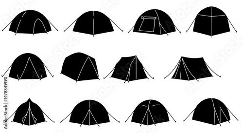 Camping Tent Silhouette: A collection of meticulously illustrated camping tent silhouettes, perfect for conveying the essence of outdoor adventure, exploration, and the joy of connecting with nature.
