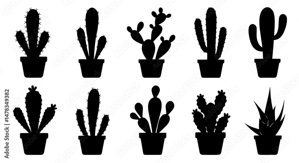 Fototapeta premium Cactus Collection Silhouettes: A captivating assortment of cactus silhouettes, artfully presented in individual pots.