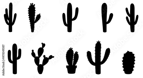 Cactus Silhouette Collection: A diverse collection of cactus silhouettes, perfect for design projects needing a southwestern or desert theme. Various shapes and sizes are included.