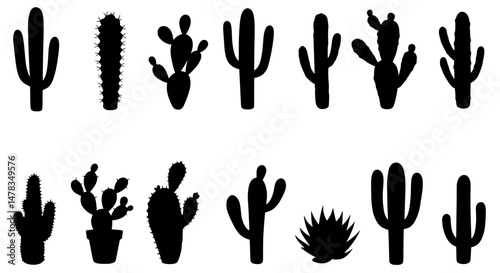 Cactus Collection Silhouettes: Captivating silhouettes of a diverse array of cactus species showcase the intricate forms of these desert icons. A graphic display ideal for themes of nature.