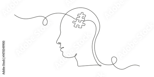 One continuous line drawing of head with puzzle. Mental health and mindfulness psychology concept in simple linear style. Memory concept in editable stroke. Doodle vector illustration