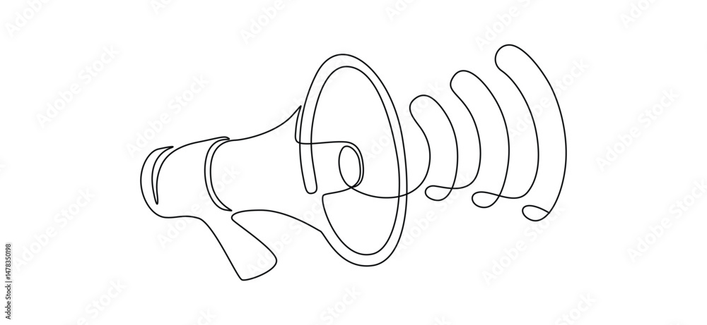 Fototapeta premium Loudspeaker in one continuous line drawing. Megaphone symbol of marketing promotion in simple linear style. Public horn speaker for attention and job offer. Monoline vector illustration