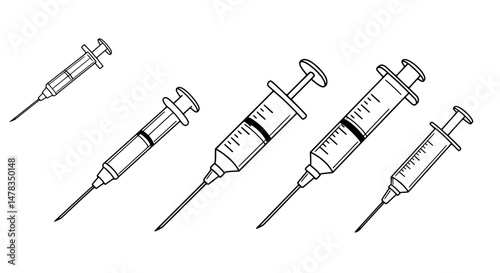 Illustrative Medical Syringe Variety: A black and white illustration of diverse syringes, poised to administer medicine or vaccines, reflecting a core medical tool.