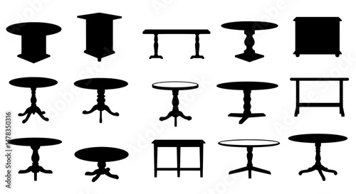 Variety of Table Silhouette: A collection of diverse table silhouettes in black, offering a range of shapes and designs, perfect for illustrating furniture options and design elements.