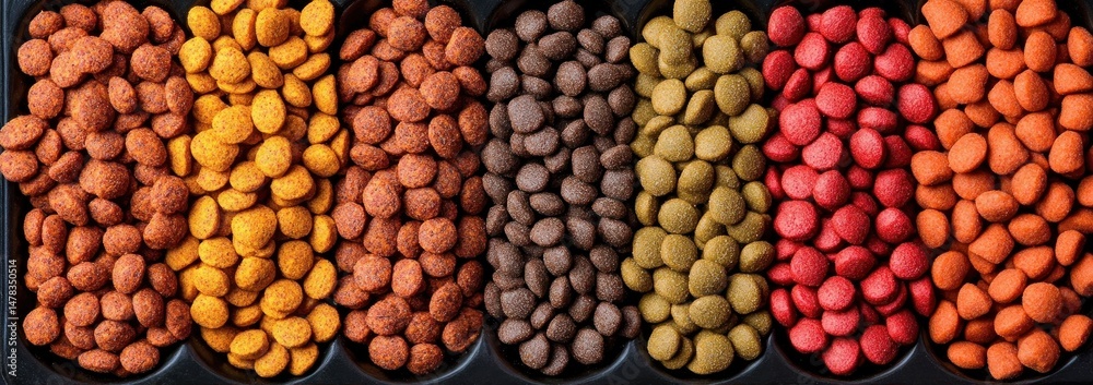 Fototapeta premium Close-up of multiple rows of colorful coated nuts or candies arranged in black tray compartments showing textures and vibrant colors