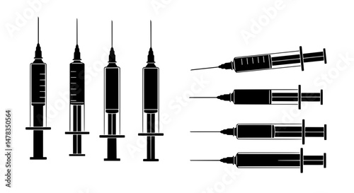 Syringe Icon Set: A collection of black and white syringe icons, varying in fill levels, providing versatile options for medical, pharmaceutical, or healthcare designs. 