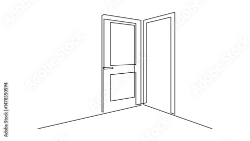 Opened door in one continuous line drawing. Front enter and exit to house in simple linear style. Future opportunity concept in editable stroke. Contour vector illustration