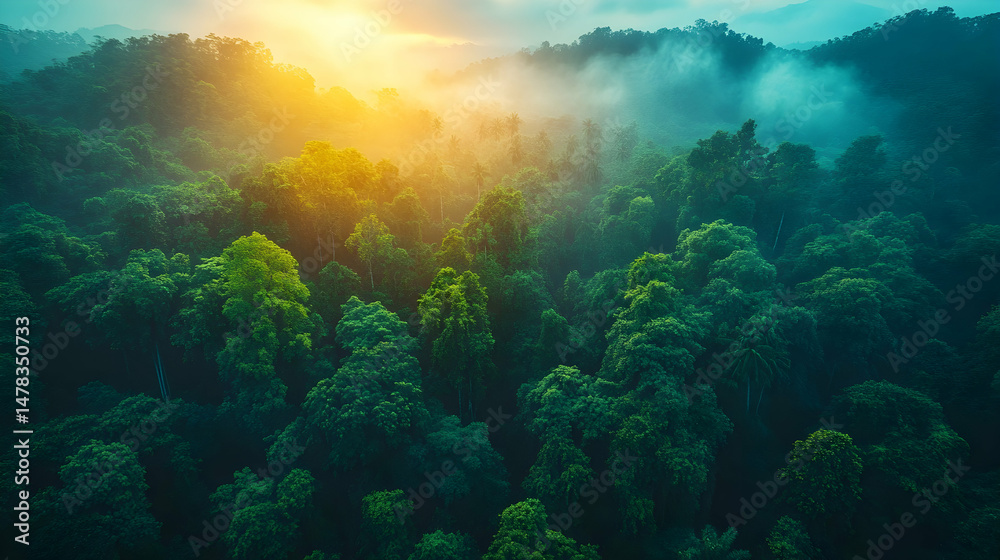 Fototapeta premium Golden hour illumination on lush tropical canopy shrouded in ethereal mists
