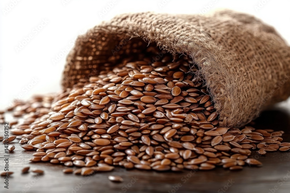 Obraz premium Close-up of a burlap sack spilling shiny brown flax seeds onto a wooden surface, showcasing natural texture and earthy tones