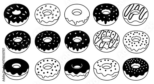 Sweet Doughnut Delight: A tempting array of sweet doughnuts with delightful toppings, beckoning indulgence, a graphical depiction of tempting, frosted treats.