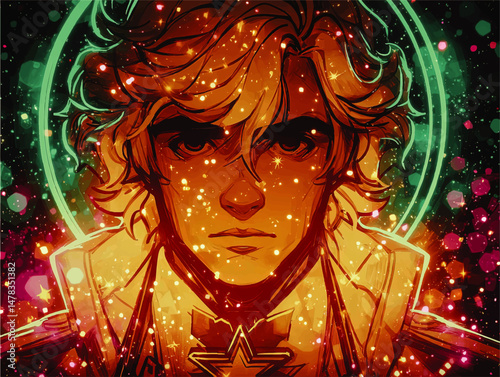 Vibrant Futuristic Vector Illustration of Serious Young Hero With Wavy Hair in Neon Halo Surrounded By Sparkling Cosmic Particles Bright Lights and Vibrant Colors