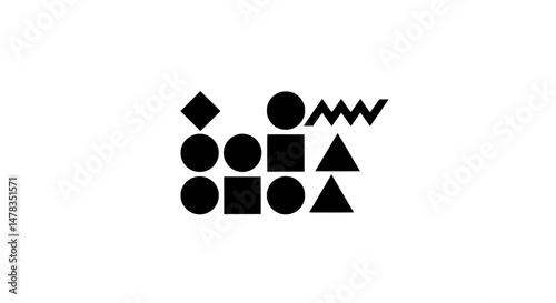 Geometric shapes composition: An abstract composition of black geometric shapes against a backdrop, showcasing circles, squares, triangles, and a diamond. evoking simplicity, harmony.