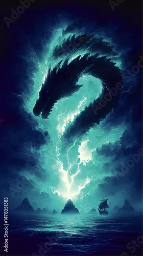 Epic Mystical Fantasy Art Featuring Majestic Lightning Dragon Over Stormy Sea With Ancient Ship Sailing Near Dark Island Adventure Magical Illustration Background