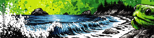 Vibrant Vector Illustration of Ocean Waves Crashing on Rocky Shore with Green Frog Wildlife Scenic Landscape Nature Art Green and Blue Sea Forest Background Design