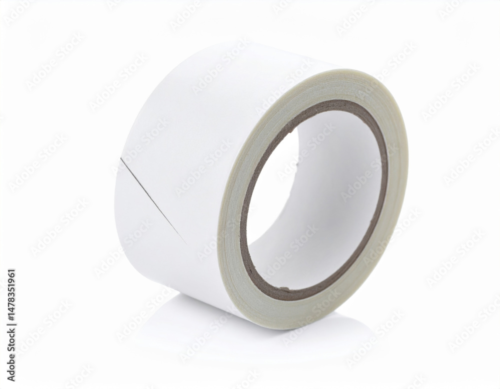 Clean and unblemished roll of white adhesive tape sits upright, showcasing its smooth surface and practical design Clean and unblemished roll of white adhesive tape sits upright, showcasing its smooth surface and practical design
