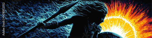Epic Warrior Silhouette Vector Art with Spear and Shield in Dynamic Fantasy Battle Scene Featuring Intense Fire Explosion Strong Energy and Blue Fire Elemental Power