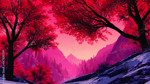 Stunning Vector Illustration of Pink Sunset in Majestic Mountain Valley with Vibrant Trees and Rocks Nature Landscape Scene for Wallpapers Backgrounds and Digital Art