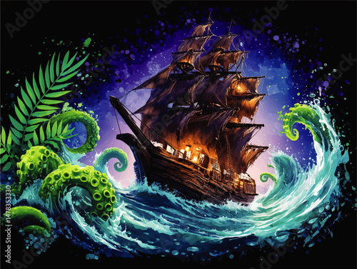 Vector Illustration of Mysterious Pirate Ship Attacked by Giant Sea Monster Tentacles in Stormy Ocean Waves Vivid Fantasy Adventure Scene with Tropical Elements and Splash