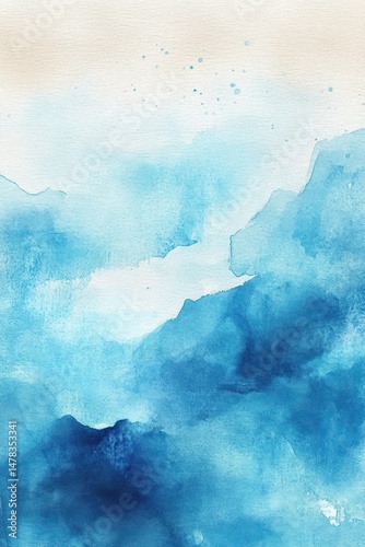 Abstract blue watercolor painting depicting misty mountains or valleys with gradient shades of light to dark blue and soft textured splashes
