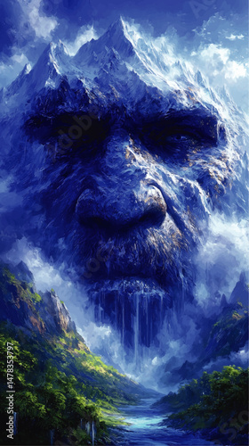 Fantasy Vector Illustration of Majestic Mountain Creature Emerging from Misty Waterfalls and Enchanting Forest Landscape Scenic Digital Art Concept Wallpaper Background