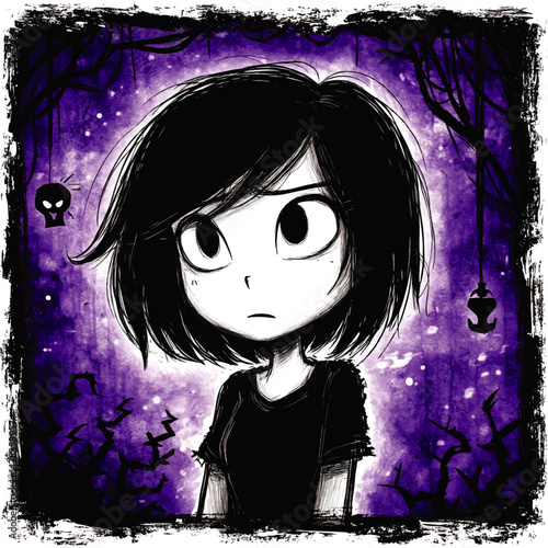 Mysterious Gothic Vector Illustration of Cute Dark Haired Girl in Dark Purple and Black Background with Creepy Haunted Forest Skull Decorations and Spooky Branches Frame