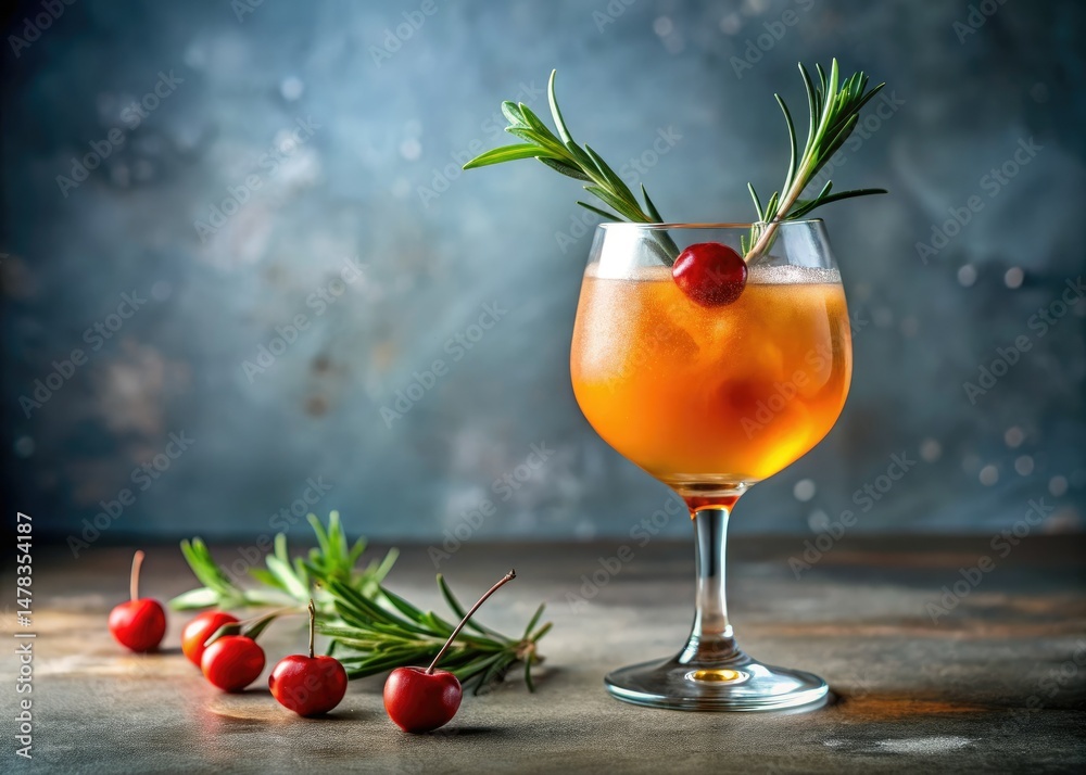 Fototapeta premium Minimalist Orange Cocktail Photography: Rosemary, Cherry, Glass