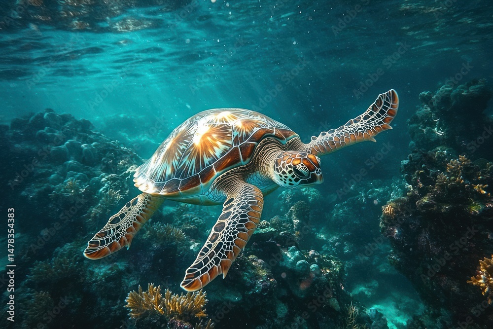 Obraz premium Colorful sea turtle swimming peacefully over vibrant coral reef in clear blue ocean water