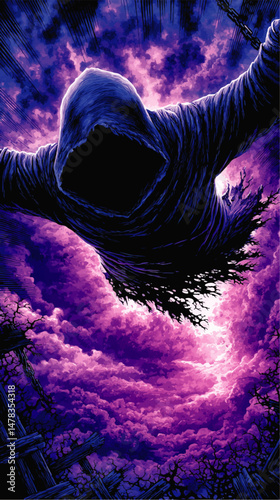 Mysterious Dark Hooded Figure Vector Illustration Suspended In Dramatic Purple Clouds Fantasy Horror Scene With Chains And Broken Wood Creepy Gothic Visual Art Background