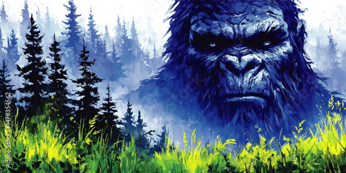 Captivating Blue Bigfoot Sasquatch Vector Art Emerging From Misty Pine Forest with Vibrant Green and Yellow Grass Illustrating Mythical Creature Fantasy Concept