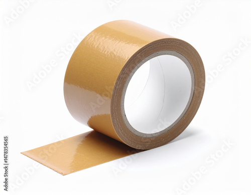 Roll of brown adhesive tape sits against clean white background, showcasing its glossy finish and versatility for various