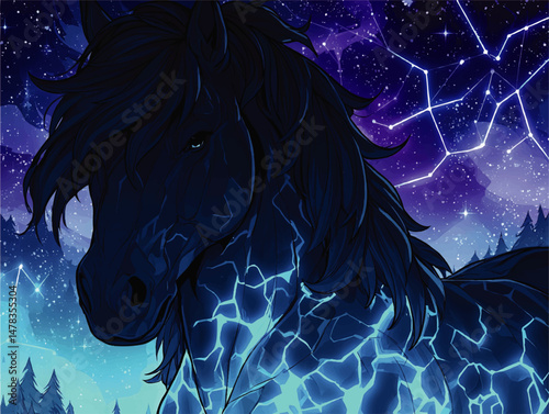 Mystical Glowing Blue Horse Illustration with Starry Galaxy and Night Sky Background Featuring Constellations Perfect for Fantasy Cosmic Zodiac and Astrological Design