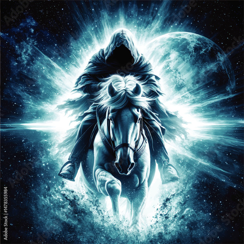 Mystical Dark Hooded Rider on White Horse Emerging from Cosmic Light Beam in Fantasy Celestial Space Background with Moon Mysterious Warrior Vector Illustration