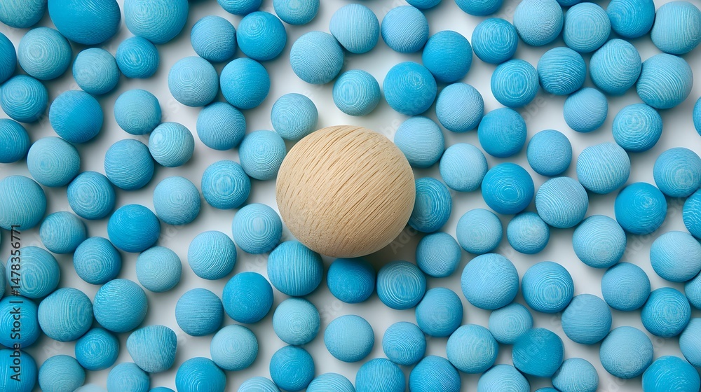 Fototapeta premium Unique Wooden Sphere Among Blue Wooden Balls Abstract Background