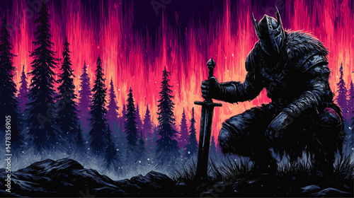 Epic Dark Fantasy Warrior Knight Kneeling With Sword In Enchanted Mystic Forest Under Majestic Purple Pink Northern Lights Aurora Vector Graphic Illustration
