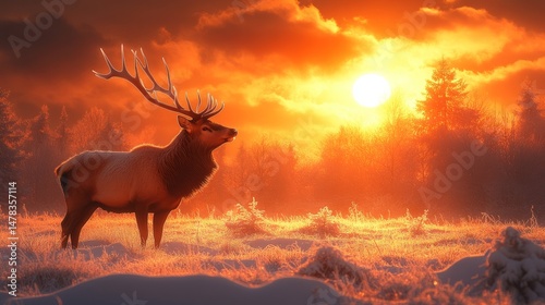  Majestic Elk at Sunset: A regal elk stands proudly amidst a snowy landscape as the sun sets in a fiery display of orange hues.
