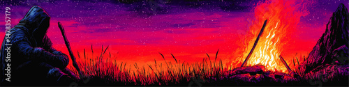 Mysterious Hooded Figure Sitting by Roaring Campfire Under Vibrant Starry Sky with Cosmic Night Colors Background Vector Illustration for Fantasy Adventure Storytelling