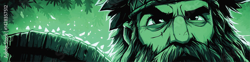 Epic Vector Illustration of Fierce Viking Warrior with Beard and Wooden Shield in Mysterious Dark Green Forest for Gaming Fantasy and Mythical Adventure Concepts