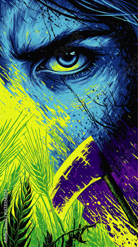 Intense Abstract Vector Illustration of Blue Face and Yellow Eye with Purple Axe Surrounded by Green Grass Vibrant Futuristic Graphic Design Background Concept Art