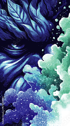 Mystical Abstract Vector Illustration Featuring Majestic Elemental Blue Face with Intense Eyes Surrounded by Dynamic Flowing Blue Green Nature Inspired Creative Artwork