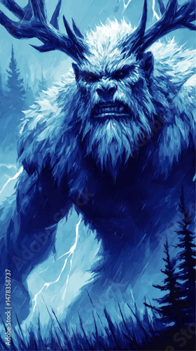 Vector Illustration of Angry Blue Mythical Monster with Antlers in Thunderstorm Fantasy Beast with Lightning and Intense Atmosphere for Horror and Mythology Designs