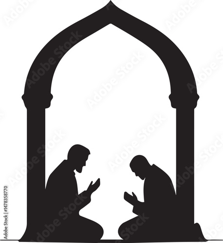 Silhouette of Two Men Praying in Mosque Arch. Islamic Worship and Faith Concept Vector