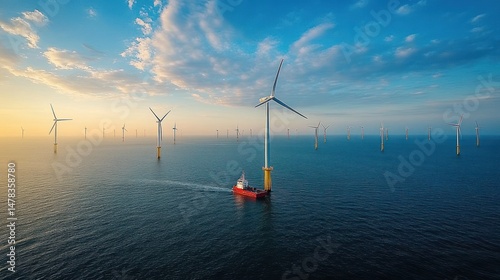 Vast offshore wind farm with multiple wind turbines spread across calm ocean waters under a partly cloudy sky during sunrise or sunset, a red service vessel near one turbine