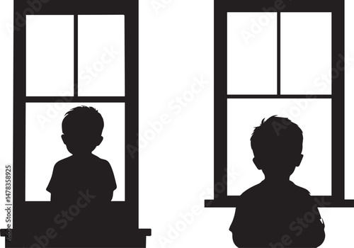 Silhouette of Boy Looking Out Window. Childhood, Solitude, and Reflection Concept Vector