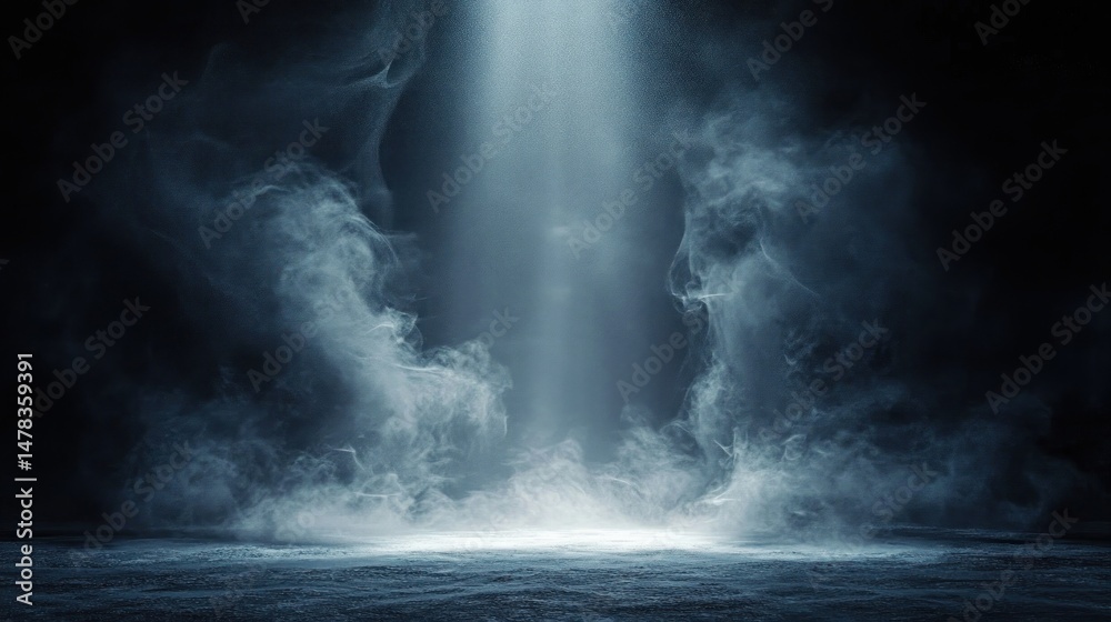 Fototapeta premium Mysterious dark space illuminated by a single vertical beam of light with swirling fog and smoke creating an eerie atmosphere