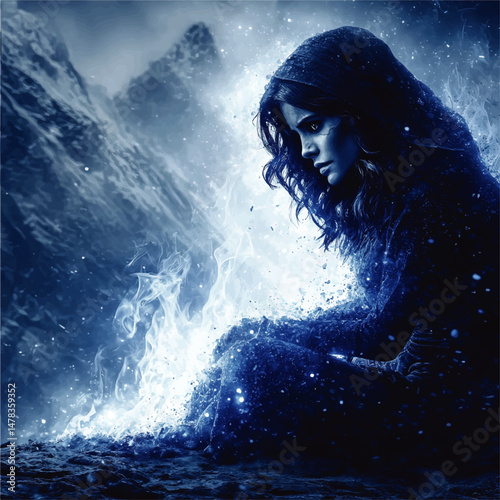 Mystical Fantasy Woman in Cloak Surrounded by Blue Flames in Icy Snowy Mountain Landscape Digital Vector Art Illustration with Magical Spiritual Energy Concept Design