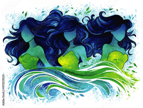 Mystical Watercolor Vector Illustration of Three Fantasy Mermaid Women with Flowing Blue Hair and Green Dresses in Organic Abstract Wave Background Art Design