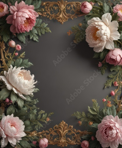 Wallpaper Mural Ornate floral border; vintage Baroque style, swirling leaves & peonies ,  graphic,  flower,  elegant Torontodigital.ca